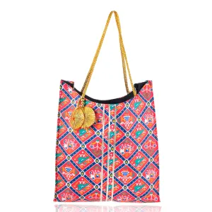 SAUDEEP INDIA Silk Patola Bag | Travel Bag for Women, College Tote Handbags for Girls Stylish | Shoulder Bag for Women for Shopping, Beach, Office, Grocery
