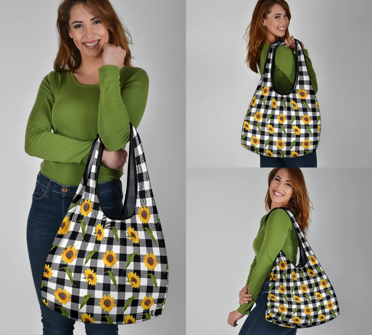 Sunflower Pattern on Black and White Buffalo Plaid Reusable Grocery Shopping Bags