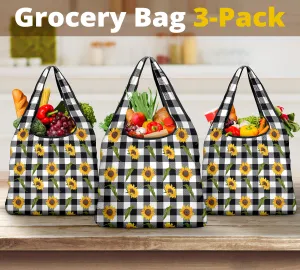 Sunflower Pattern on Black and White Buffalo Plaid Reusable Grocery Shopping Bags