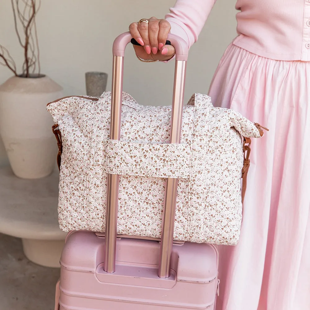 the QUILTED BON VOYAGE DUFFLE Brown Floral