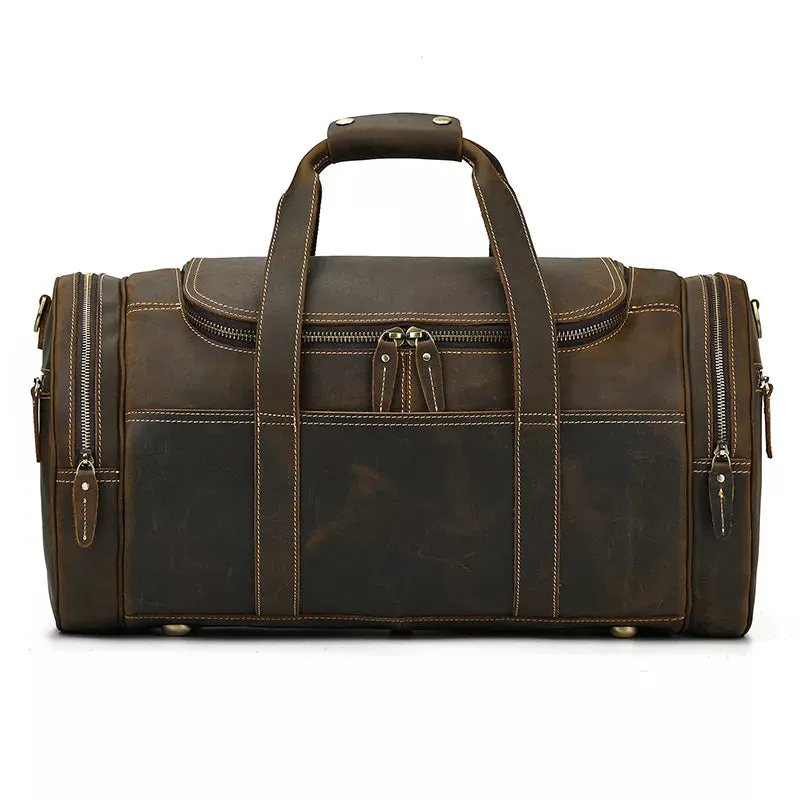 The Wainwright Weekender Bag | Vintage Round Crazy Horse Leather Travel Duffel with Pockets