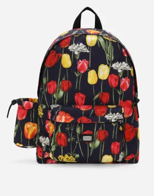 Tulip-Print Nylon Backpack With Branded Tag