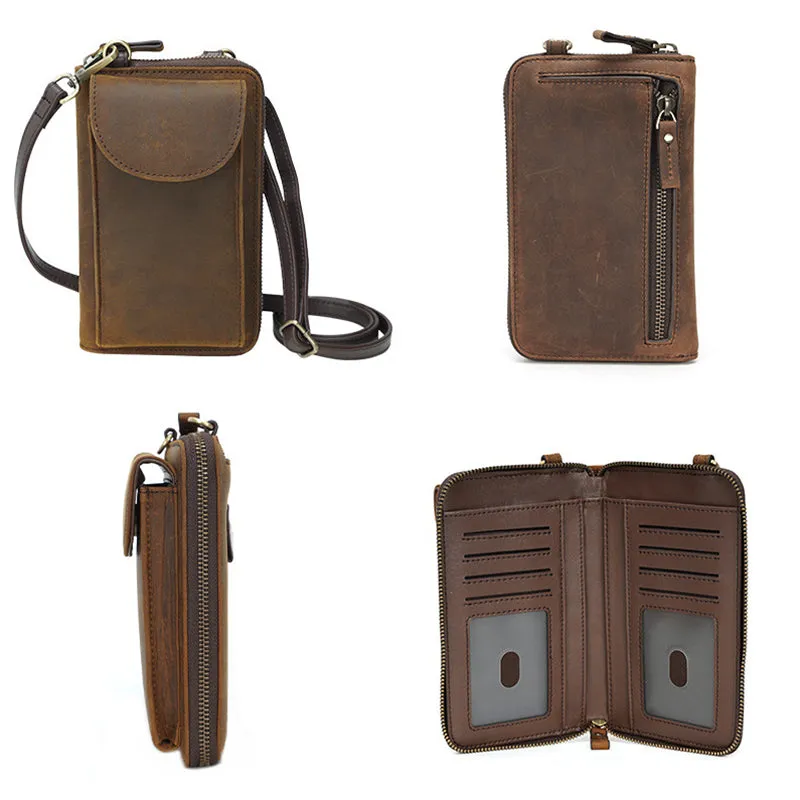 Vegetable Tanned Leather Crossbody Phone Bag Handmade Unisex Small Cell Phone Bag Phone Purse Mini Leather Crossbody Bag