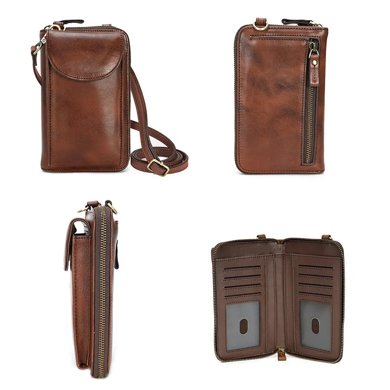 Vegetable Tanned Leather Crossbody Phone Bag Handmade Unisex Small Cell Phone Bag Phone Purse Mini Leather Crossbody Bag