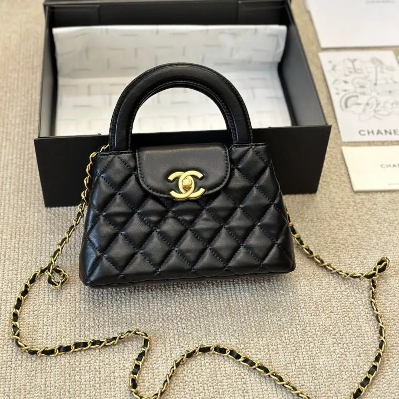 VELORA - Lambskin Mini Kelly Chain Bag Black