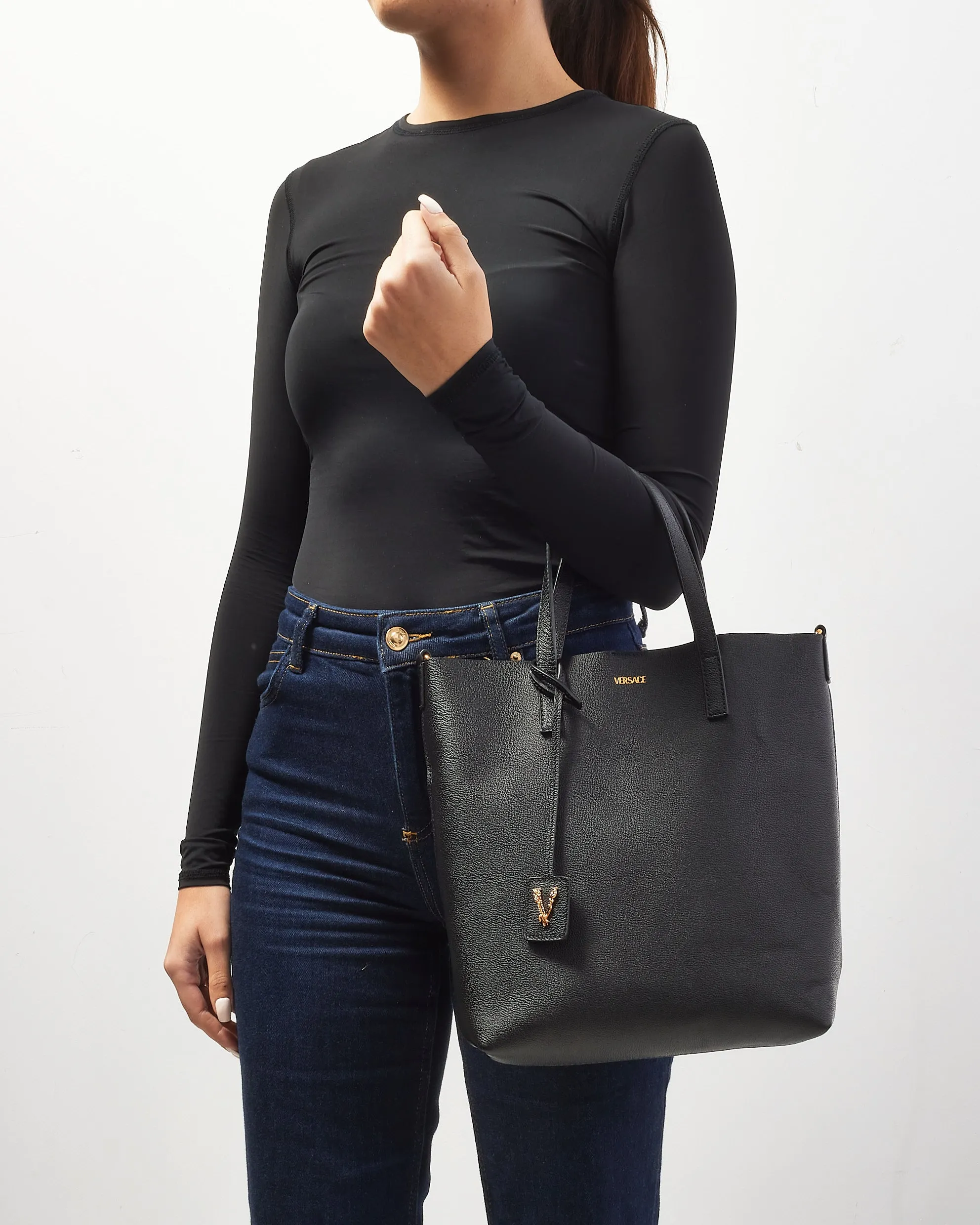 Versace Black Leather Virtus Shopping Tote