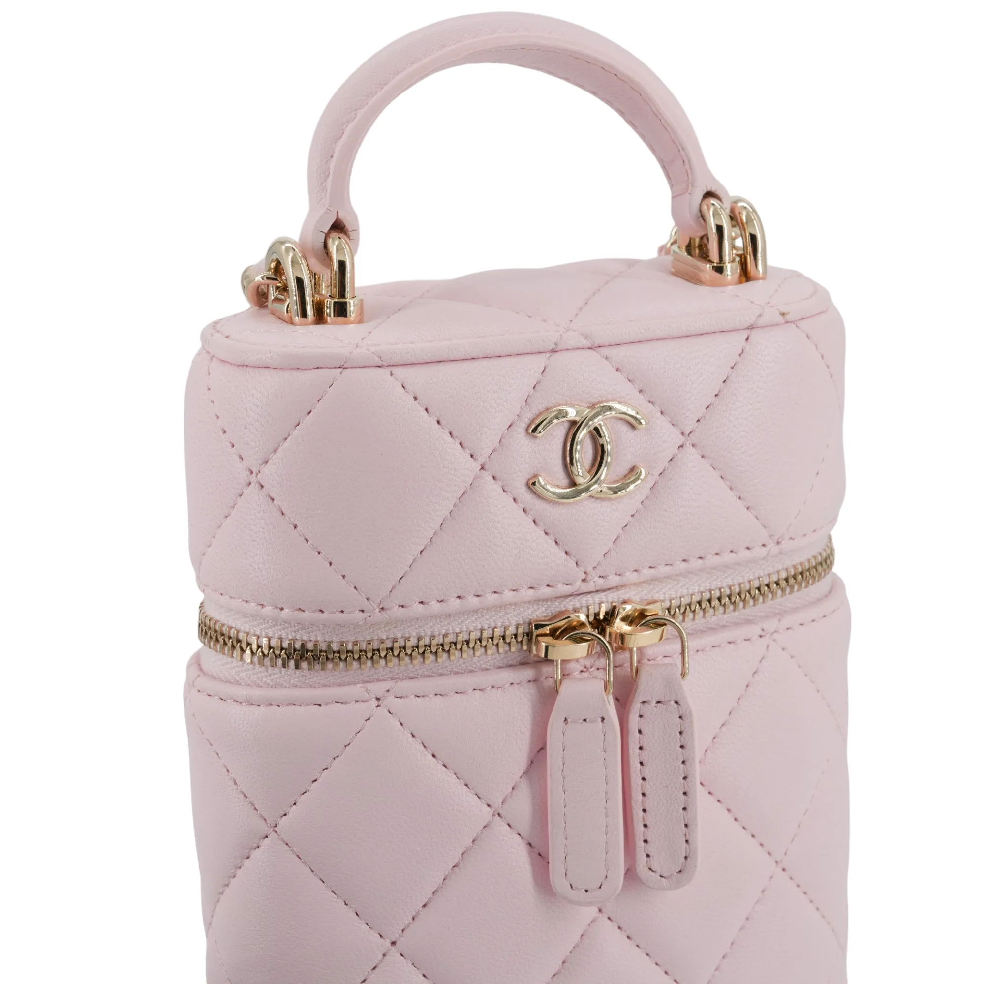 Vertical Vanity Case with Top Handle in Rose Clair Lambskin