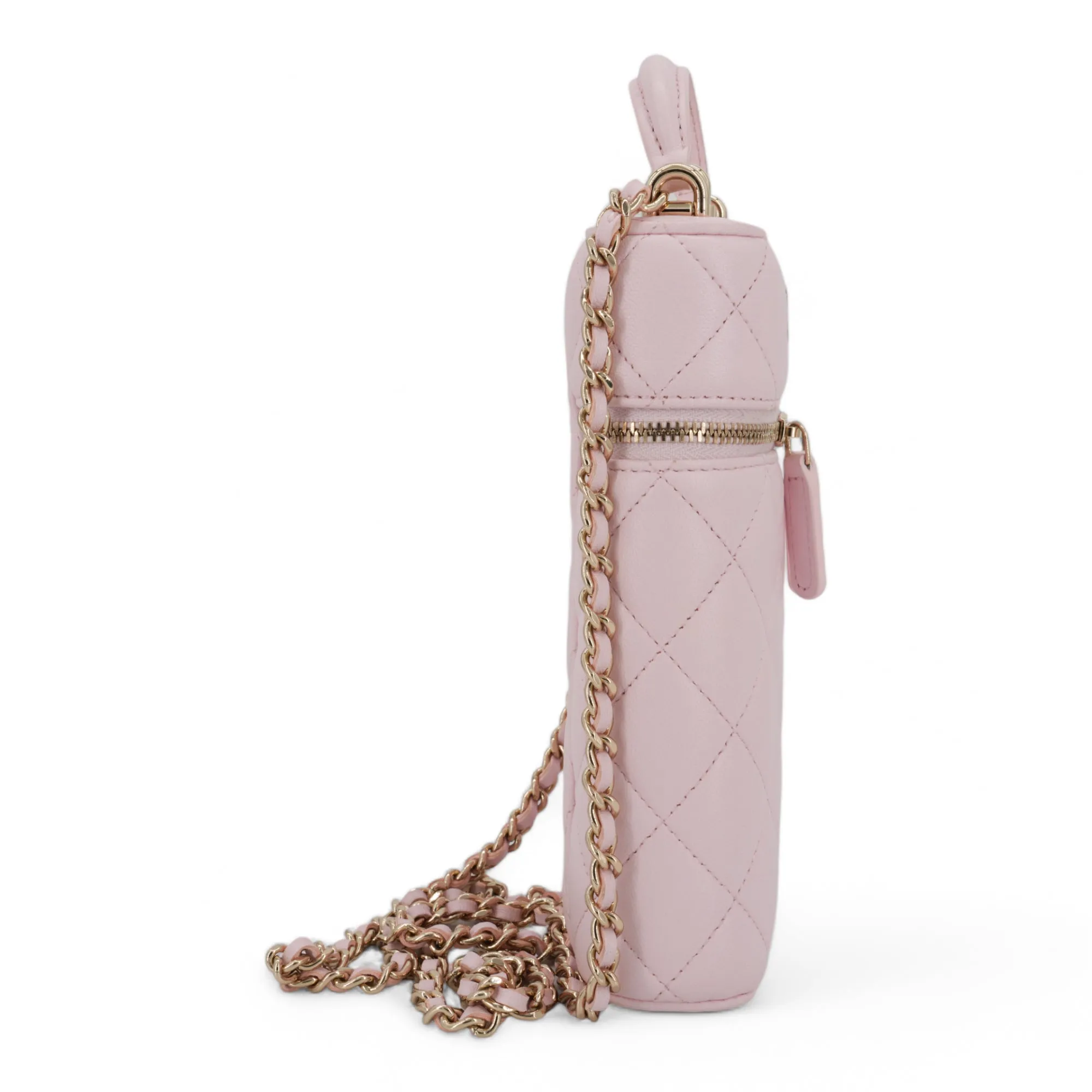 Vertical Vanity Case with Top Handle in Rose Clair Lambskin