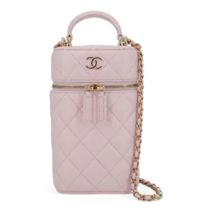 Vertical Vanity Case with Top Handle in Rose Clair Lambskin