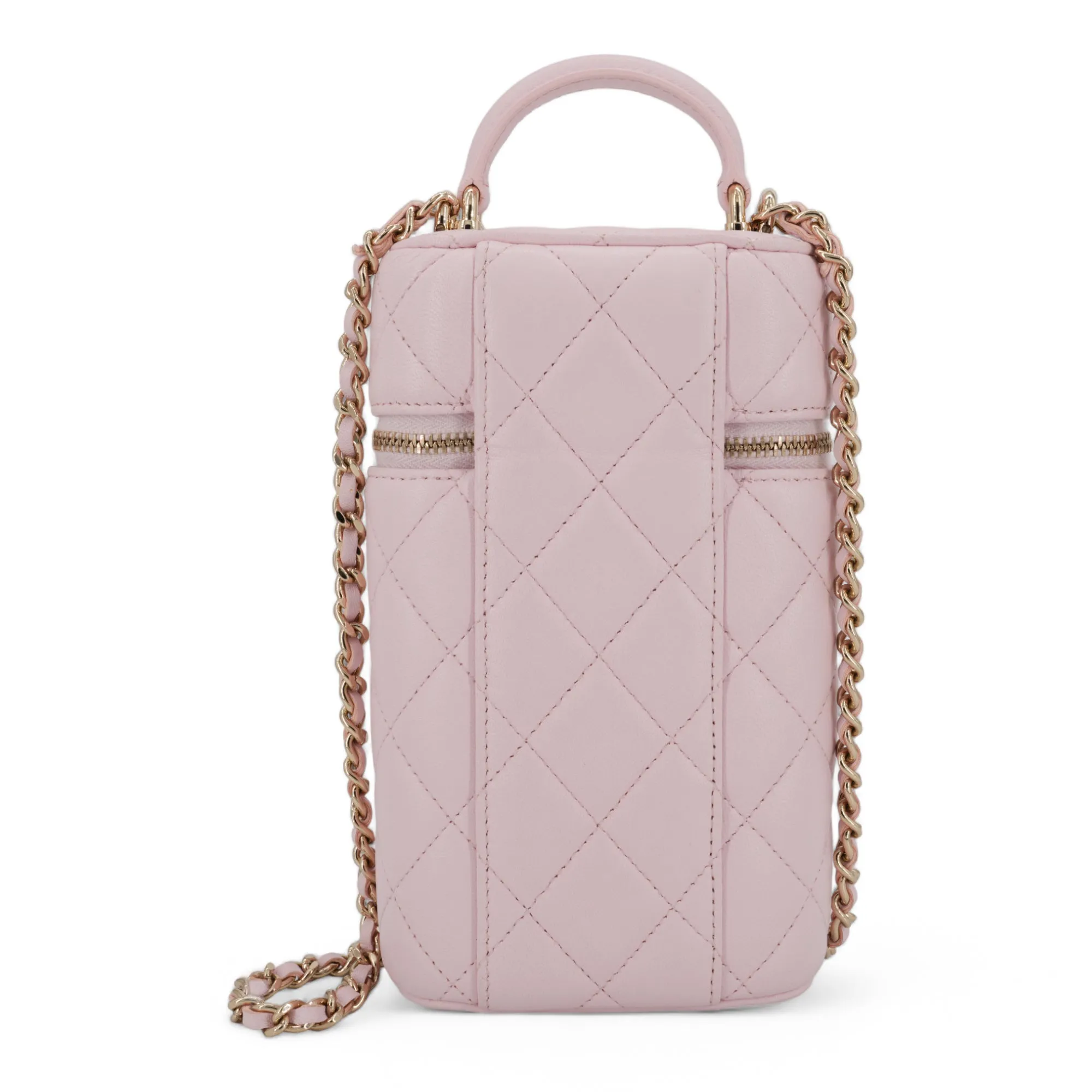Vertical Vanity Case with Top Handle in Rose Clair Lambskin