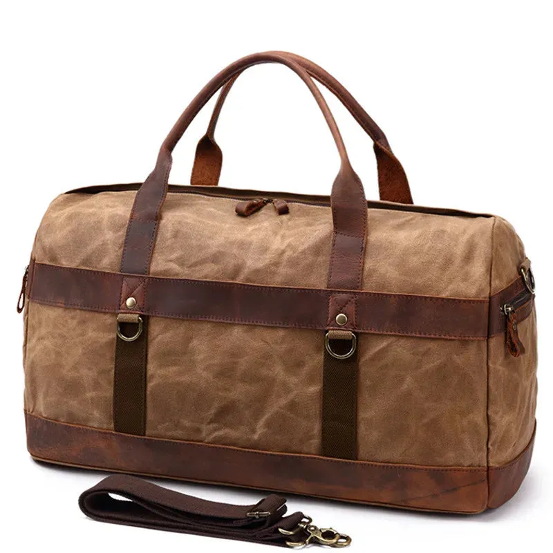 Waterproof Oil Wax Canvas with Leather Bag Men Vintage Shoulder Weekend Tote Portable Large Capacity Travel Duffle Bags