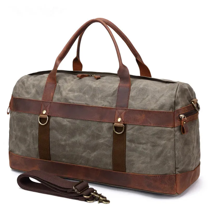 Waterproof Oil Wax Canvas with Leather Bag Men Vintage Shoulder Weekend Tote Portable Large Capacity Travel Duffle Bags