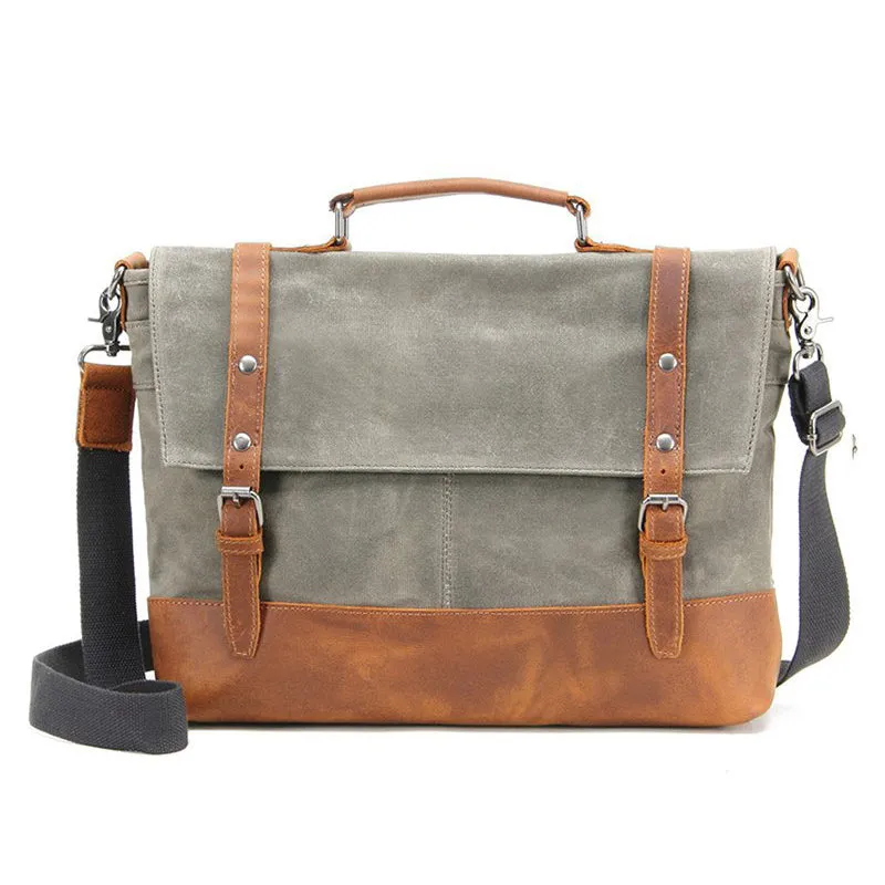 Waterproof Waxed Canvas Messenger Bag, Men's Shoulder Bag, Canvas Bag with Leather Trim