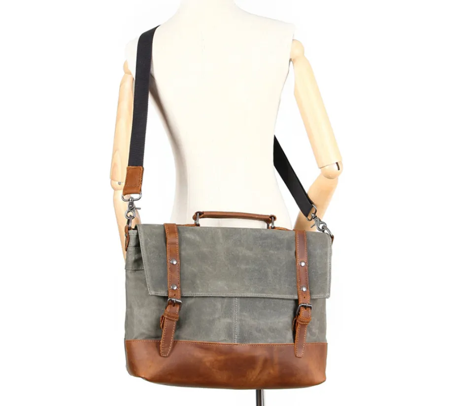 Waterproof Waxed Canvas Messenger Bag, Men's Shoulder Bag, Canvas Bag with Leather Trim
