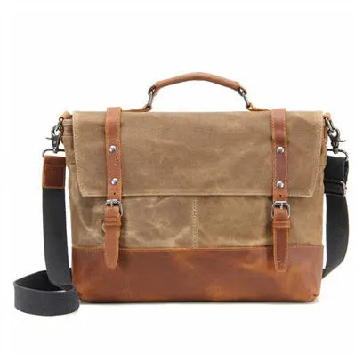 Waterproof Waxed Canvas Messenger Bag, Men's Shoulder Bag, Canvas Bag with Leather Trim