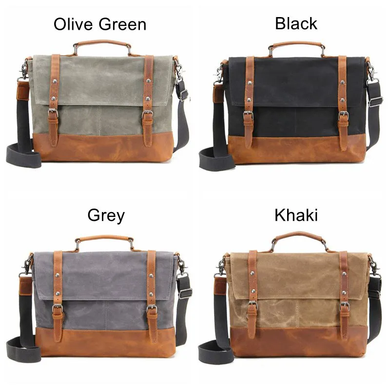 Waterproof Waxed Canvas Messenger Bag, Men's Shoulder Bag, Canvas Bag with Leather Trim