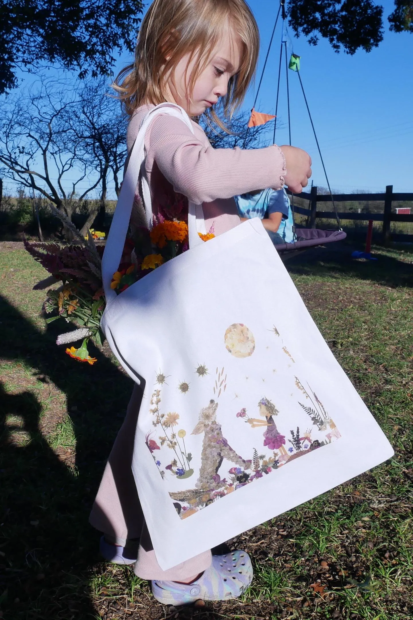 Whimsical wolf Tote Bag | romantic nature botanical reusable bag
