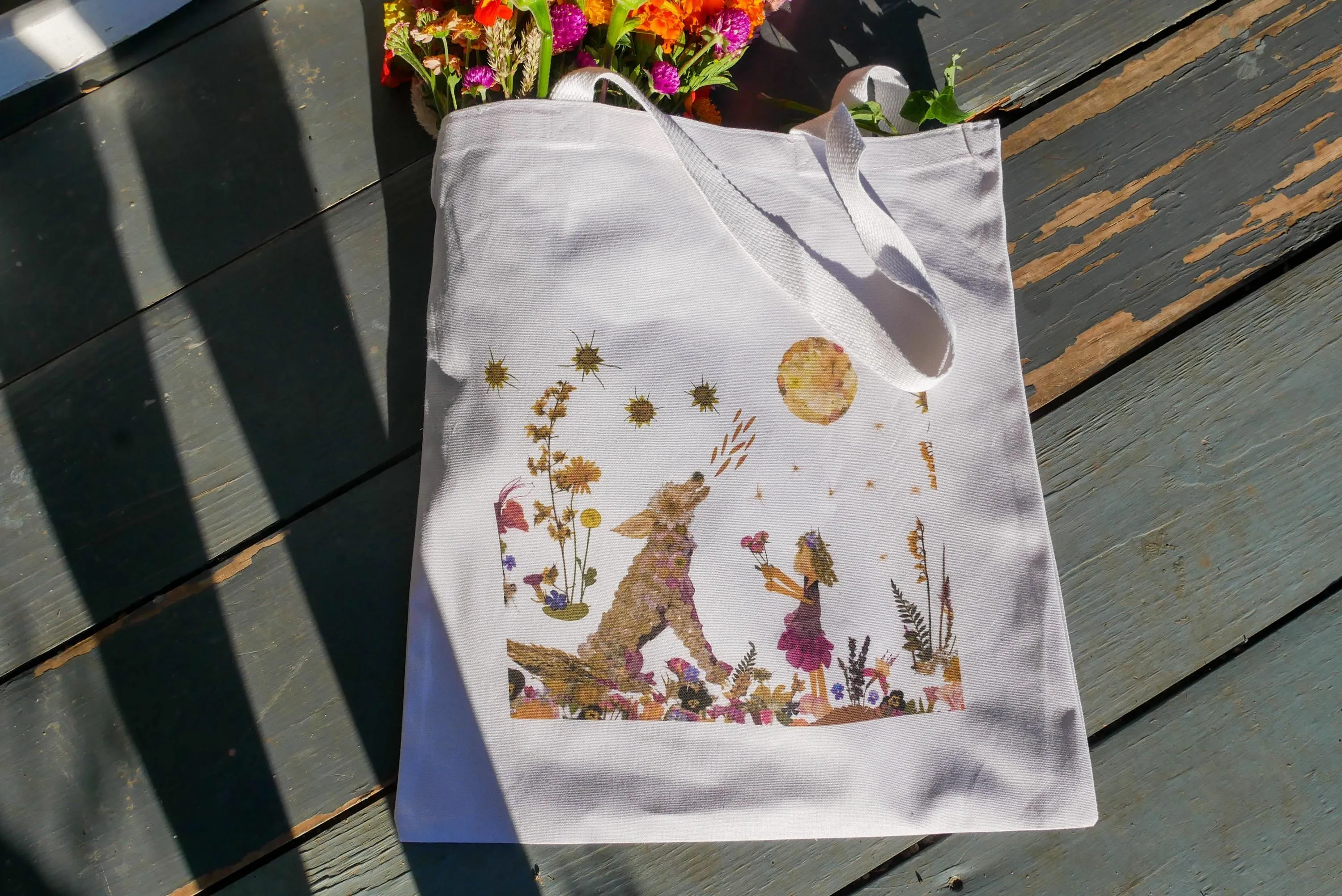 Whimsical wolf Tote Bag | romantic nature botanical reusable bag