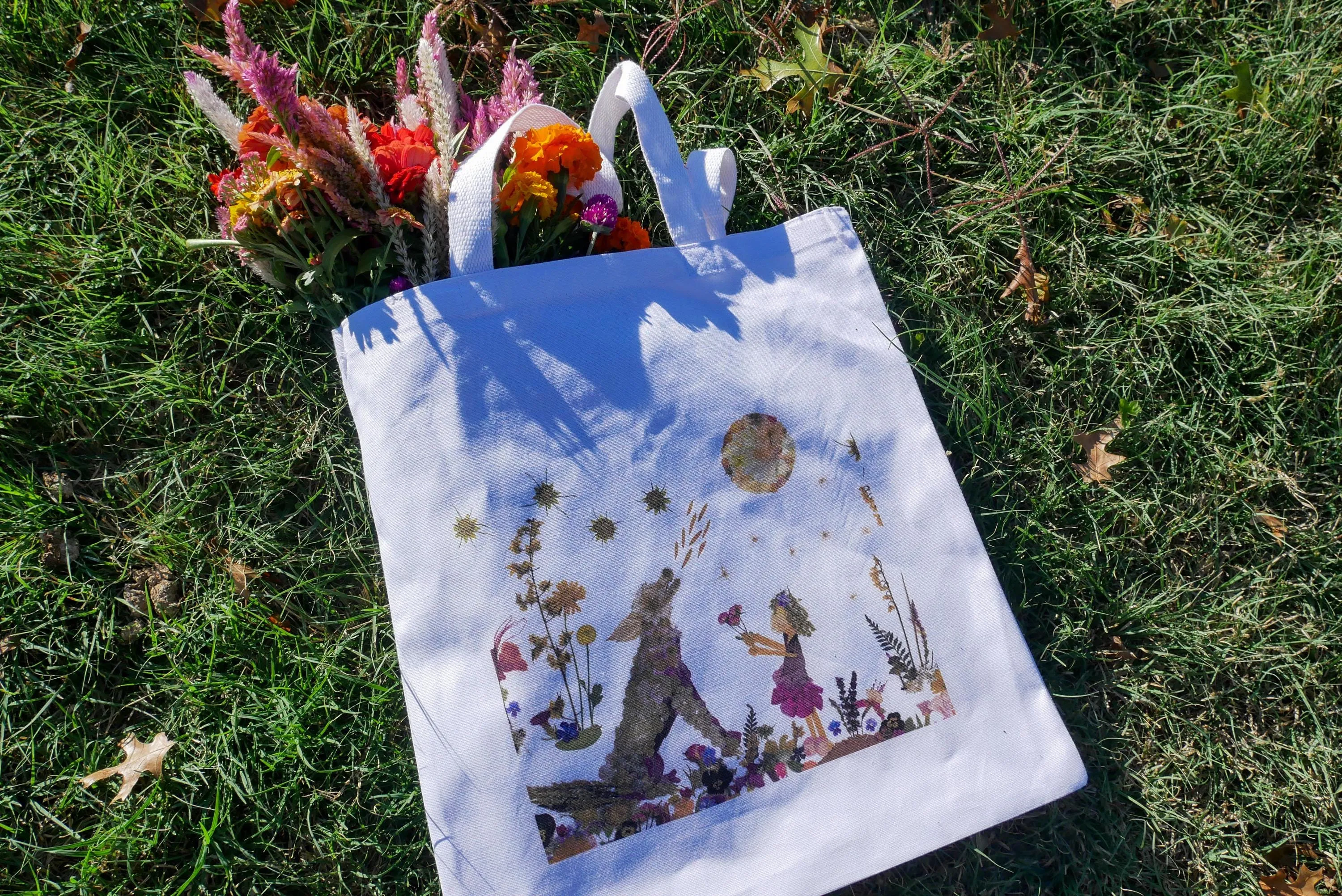 Whimsical wolf Tote Bag | romantic nature botanical reusable bag