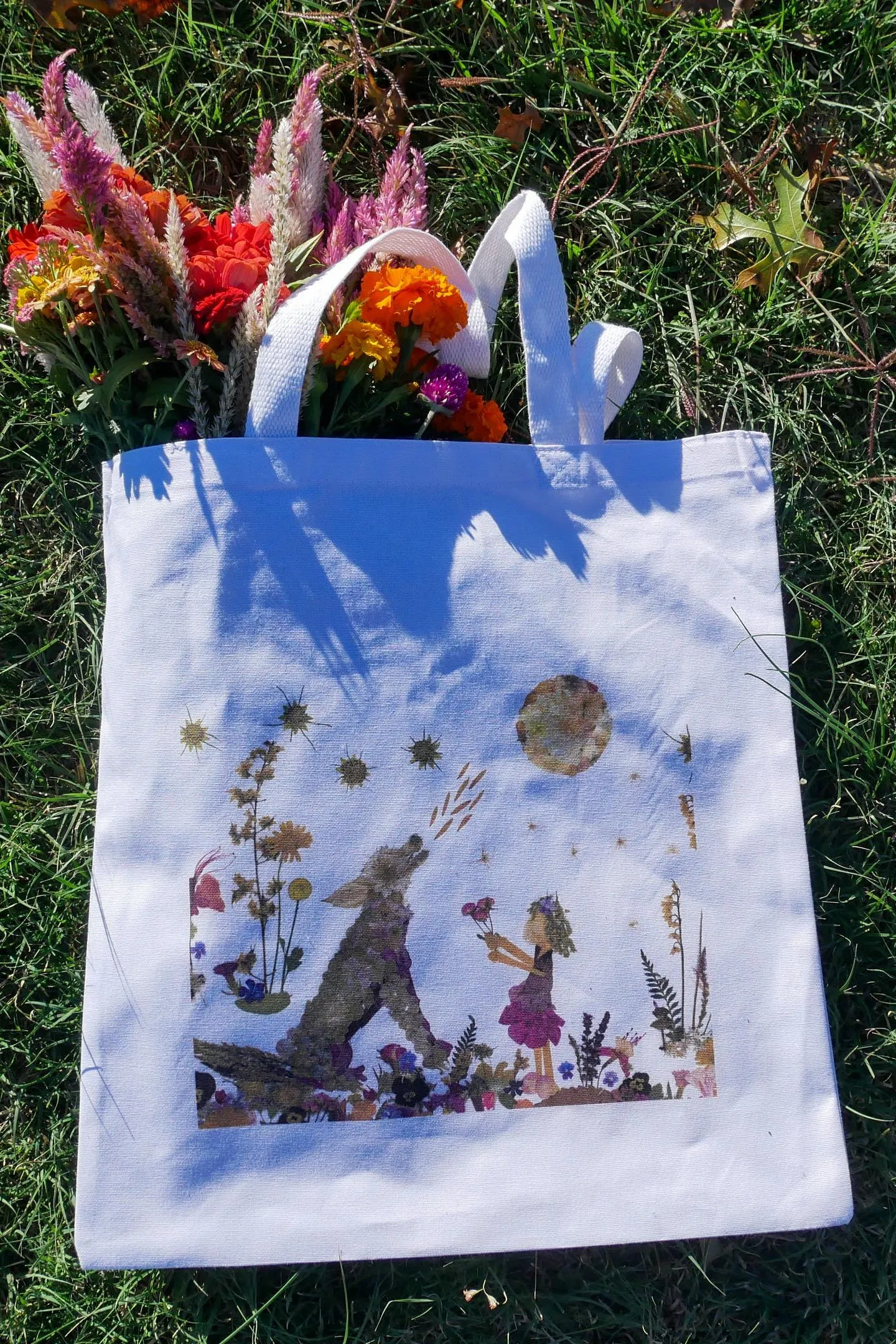 Whimsical wolf Tote Bag | romantic nature botanical reusable bag