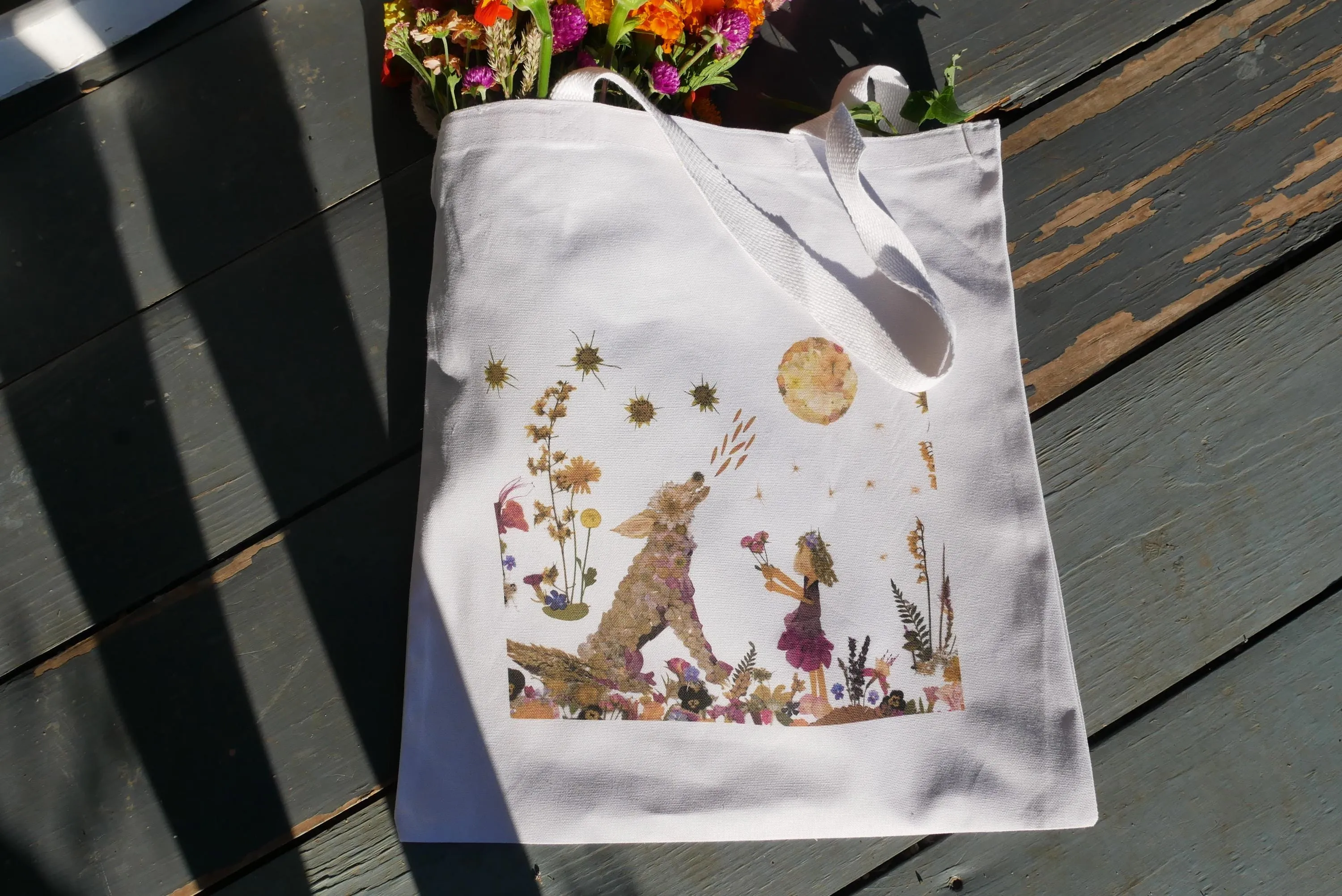 Whimsical wolf Tote Bag | romantic nature botanical reusable bag