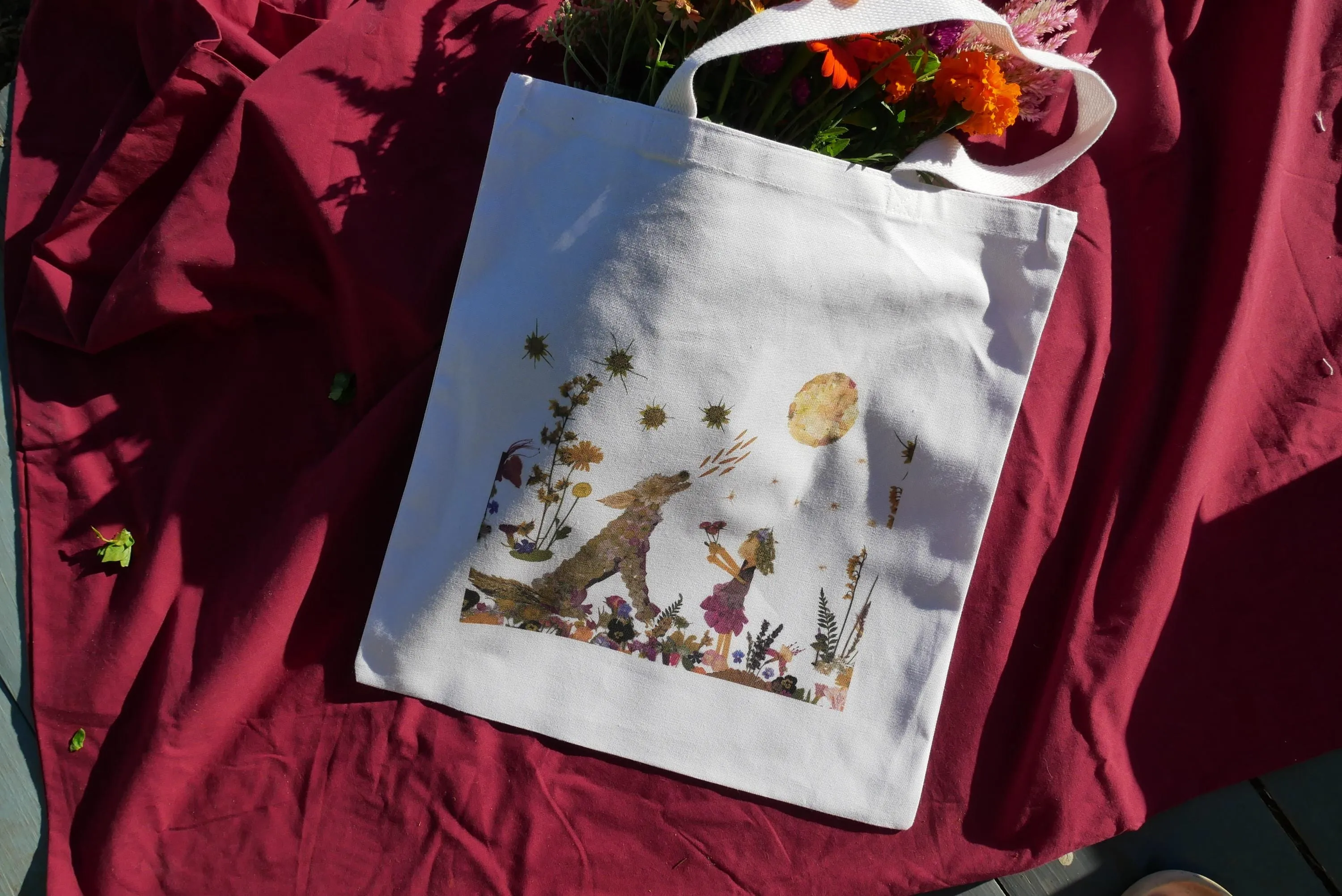 Whimsical wolf Tote Bag | romantic nature botanical reusable bag