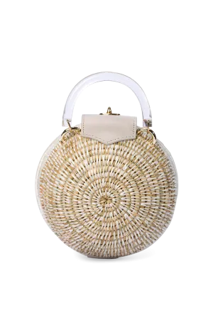 Woven Grass & Leather Round Ball Bag in Chalk