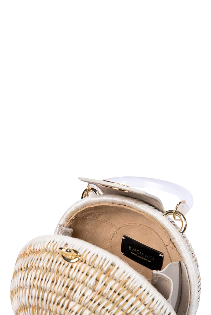 Woven Grass & Leather Round Ball Bag in Chalk