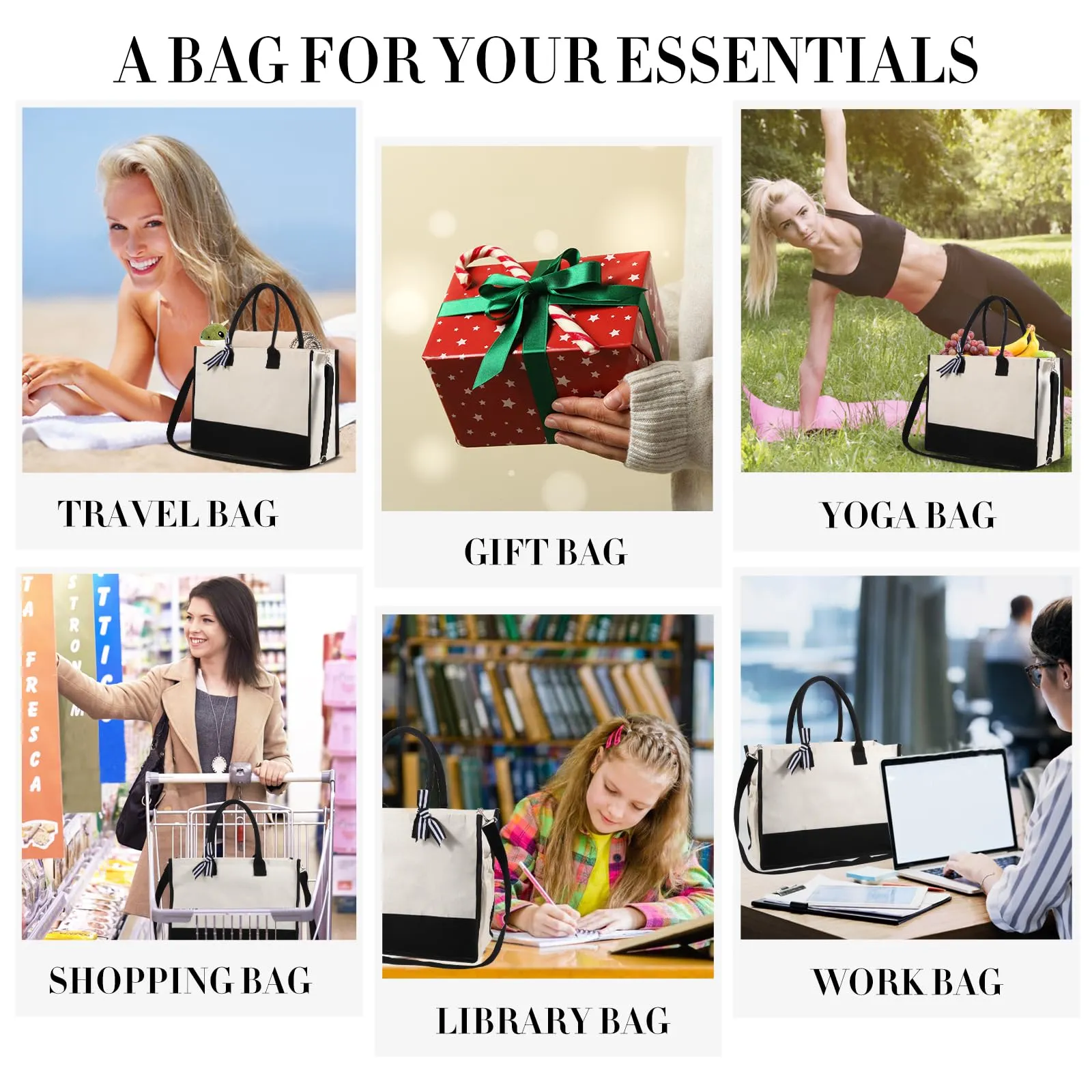 yeload 6 Pieces Canvas Tote Bags with Handles Shoulder Strap - Black and White Blank Sublimation Tote Bags for Women, Bridesmaids, and Daily Use - Bulk Zipper Tote Bags for DIY Crafts and Gifts