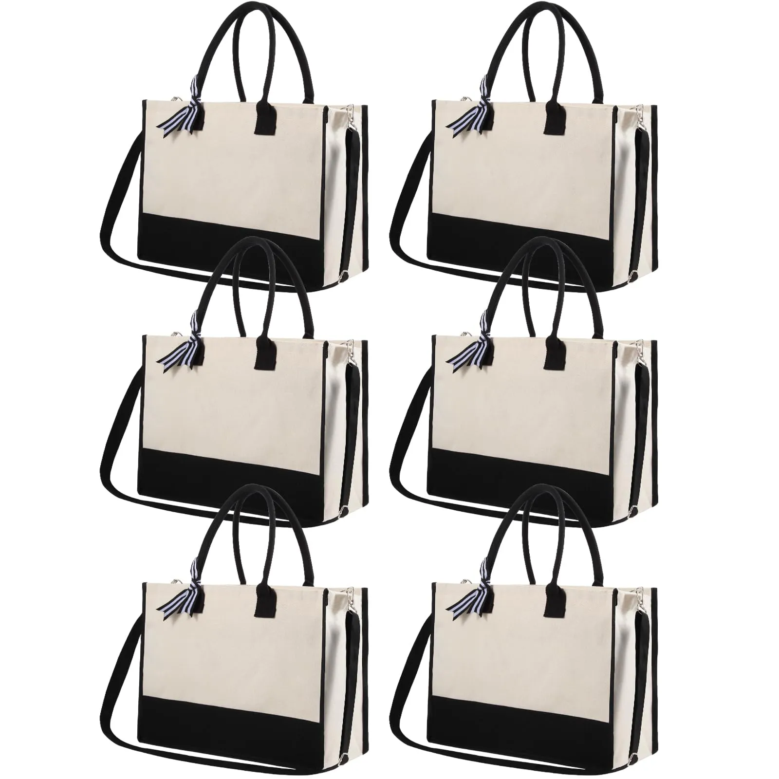 yeload 6 Pieces Canvas Tote Bags with Handles Shoulder Strap - Black and White Blank Sublimation Tote Bags for Women, Bridesmaids, and Daily Use - Bulk Zipper Tote Bags for DIY Crafts and Gifts