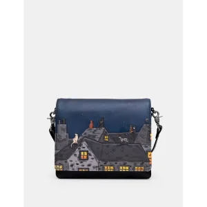Yoshi Stargazing Cats Leather Tripe Gusset Flap Over Cross Body